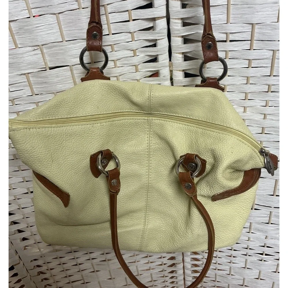 Valentina Made in Italy Yellow Pebbled Leather Handbag Brown Trim Satchel Purse